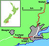 Kaart van Dunedin en sy omgewing