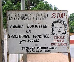 Anti-FGM road sign, Bakau, Gambia, 2005 FGM road sign, Bakau, Gambia, 2005.jpg