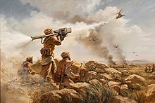 Depiction of the first shoot-down of Soviet helicopter gunships by the Afghan mujahideen using Western-supplied Stinger Missiles, widely regarded as the turning point in the Soviet-Afghan War First Sting.jpg
