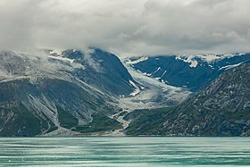 Вид на ледник Джонса Хопкинса в одноимённом заливе летом 2017 года