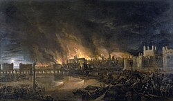 A nagy londoni tűzvész részlete ismeretlen festőtől. A kép valószínűleg a tűz kedd esti (szeptember 4.) állapotát mutatja a Temze felől. Jobbra a londoni Tower látható, balra pedig a London Bridge. A távolban a legnagyobb lángok gyűrűjében áll a Szent Pál-katedrális