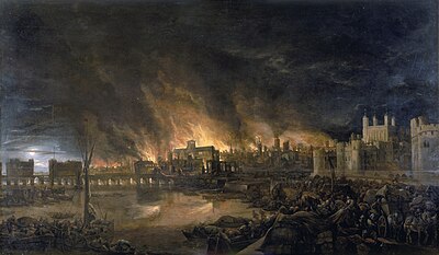 The Great Fire of London, depicted by an unknown painter (1675), as it would have appeared from a boat in the vicinity of Tower Wharf on the evening of Tuesday, 4 September 1666. To the left is London Bridge; to the right, the Tower of London. Old St Paul's Cathedral is in the distance, surrounded by the tallest flames. Great Fire London.jpg