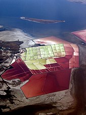 Solar evaporation ponds in the Northeast portion of the lake. Fremont Island is visible to the South (top of image) Great Salt Lake, Utah USA (2006).jpg