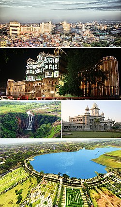 Сверху по часовой стрелке: вид с воздуха на город Мангал (Виджай Нагар), дворец Раджвада, колледж Дейли, региональный парк Атал Бихари Ваджпаи, водопады Паталпани.