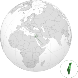 Location of Israel (in green) and the Israeli-occupied territories (in light green) on the globe.