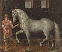 Tableau représentant un jeune homme en costume d'époque tenant en main un cheval gris qui semble piaffer.