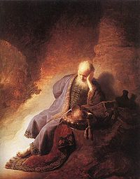 Jeremia valittaa Jerusalemin tuhoa. Rembrandt, 1630.