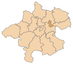 The city’s territory, highlighted on a map of Upper Austria, with the borders of the surrounding districts visible.