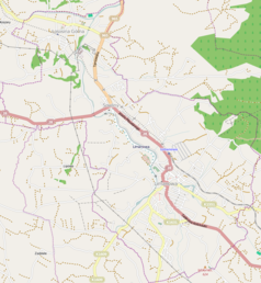 Mapa konturowa Limanowej, blisko centrum po prawej na dole znajduje się punkt z opisem „Parafia Matki Boskiej Bolesnej”