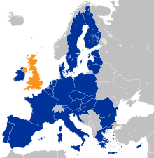 The United Kingdom in orange; the European Union (27 member states) in blue: a representation of the result of Brexit UK location in the EU 2016.svg