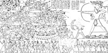 Sea Peoples in their ships during the battle with the Egyptians. Relief from the mortuary temple of Ramesses III at Medinet Habu Medinet Habu Ramses III. Tempel Nordostwand Abzeichnung 01.jpg