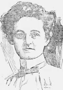 An illustration depicting a young white woman with her hair in a bouffant updo, wearing a high starched collar with a striped bow tie