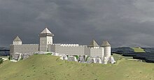 Proposition de restitution du château de Montrond au XIIIe siècle. Vue de l'ouest.