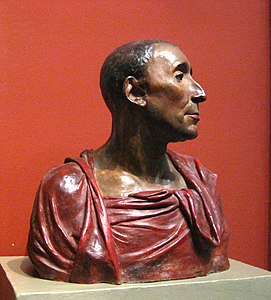 Niccolo da Uzzano, attribué à Donatello, années 1430. Terre cuite peinte, (échelle 1/1). Musée national du Bargello[20].