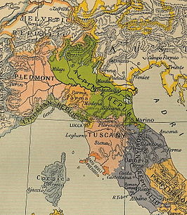 ■ Piëmontese Republiek, omringd door de Franse Republiek en haar andere zusterrepublieken in 1799.