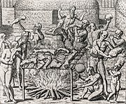 Kannibalisme yn Brazylje neffens de beskriuwing fan Staden (kopergravuere fan Theodor de Bry, 1562)