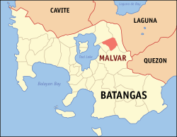 Mapa ng Batangas na nagpapakita sa lokasyon ng Malvar.