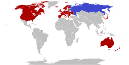 The United States is on Russia's "Unfriendly Countries List" (red). Countries and territories on the list have imposed or joined sanctions against Russia. Russian-list-of-unfriendly-countries.svg