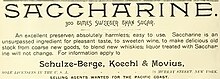 1893 ad Saccharine 300 times sweeter than sugar ad, Schulze-Berge, Koechl & Movius sole licenses in the U. S. A., selling agents wanted for the Pacific Coast - Pacific wine and spirit review (IA pacificwinespiri29sanfrich) (page 10 crop).jpg