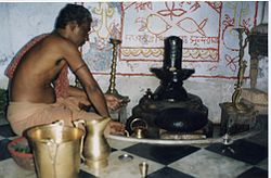 Un devoto di Śiva esegue la Puja al Lingam.