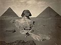 Image 3 Great Sphinx of Giza Photo: Maison Bonfils; Restoration: Lise Broer A late nineteenth century photo of the partially excavated Great Sphinx of Giza, with the Pyramid of Khafre (left) and the Great Pyramid of Giza (right) behind it. The Sphinx is the oldest known monumental sculpture, and is commonly believed to have been built by ancient Egyptians of the Old Kingdom in the reign of the pharaoh Khafra. More featured pictures