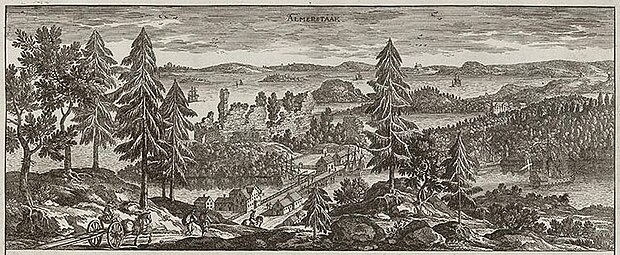 Almare-Stäkets borg på 1660-talet i Suecia Antiqua et hodierna.