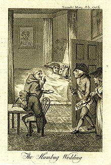 1786 etching: George, Prince of Wales and Maria Fitzherbert in a bed. George III and Queen Charlotte enter with the Act of Parliament. Beside the bed, a monk and a scribe. The humbug wedding (BM 1868,0808.5506).jpg