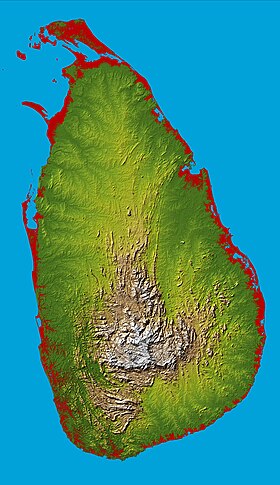 Carte topographique du Sri Lanka avec le massif Central en son centre.