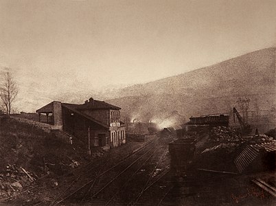 Train station with train and coal depot by and at Gustave Le Gray, (edited by Durova)