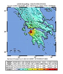 Carte de la Grèce montrant un dégradé de couleurs du rouge vers le bleu.