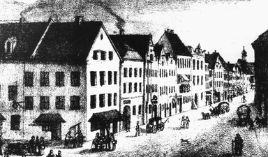 Untere Hauptstraße in Freising um 1835; 2. Haus: Kochbräu 3. Haus: Heiglbräu 4. Haus: Heiglbäcker 5. Haus: Weindlbräu; Heute befinden sich hier die Sperrerbank und das Hotel Bayerischer Hof