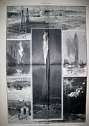 Westinghouse "Old No.1" natural gas derrick in a controlled burn (center), sometime between June 1884 and November 1885, located at the Solitude estate in the present-day Westinghouse Park. Additional regional natural gas facilities from the time are shown, including a field in Murrysville, PA (top).[10]