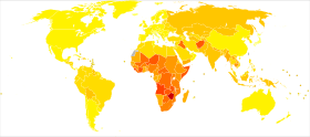 Disability-adjusted life years lost per 100,000 inhabitants in 2004:
.mw-parser-output .div-col{margin-top:0.3em;column-width:30em}.mw-parser-output .div-col-small{font-size:90%}.mw-parser-output .div-col-rules{column-rule:1px solid #aaa}.mw-parser-output .div-col dl,.mw-parser-output .div-col ol,.mw-parser-output .div-col ul{margin-top:0}.mw-parser-output .div-col li,.mw-parser-output .div-col dd{page-break-inside:avoid;break-inside:avoid-column}
.mw-parser-output .legend{page-break-inside:avoid;break-inside:avoid-column}.mw-parser-output .legend-color{display:inline-block;min-width:1.25em;height:1.25em;line-height:1.25;margin:1px 0;text-align:center;border:1px solid black;background-color:transparent;color:black}.mw-parser-output .legend-text{}
No data
Fewer than 9,250
9,250-16,000
16,000-22,750
22,750-29,500
29,500-36,250
36,250-43,000
43,000-49,750
49,750-56,500
56,500-63,250
63,250-70,000
70,000-80,000
More than 80,000 All Causes world map - DALY - WHO2004.svg