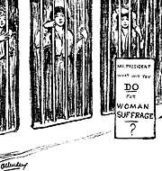 Nina Allender political cartoon aimed at President Wilson published in The Suffragist on October 3, 1917 Allender President Wilson says 1917 (cropped).jpg