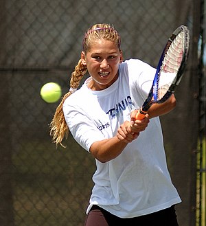 Russian tennis player Anna Kournikova, practic...
