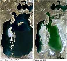 Wysychanie wód Jez. Aralskiego: zdjęcia z 1989 i 2003 roku