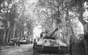 Első szériás Krupp toronnyal felszerelt Tigris II-es harckocsik a Château de Courson kastély parkjában keresnek menedéket, 1944 júliusában. A szorongató szövetséges légifölény miatt a németek az erdőkben, illetve fák, bokrok menedékében próbálták elrejteni a páncélosokat, a lánctalpnyomokat pedig igyekeztek eltüntetni.