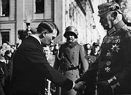 Paul von Hindenburg and Adolf Hitler presided over the abolition of German democracy in 1933 Bundesarchiv Bild 183-S38324, Tag von Potsdam, Adolf Hitler, Paul v. Hindenburg.jpg