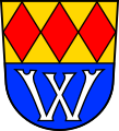 Markt Wilhermsdorf Geteilt von Gold und Blau; oben nebeneinander drei stehende rote Rauten, unten der silberne Großbuchstabe W.
