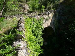 Photo en couleur montrant un petit pont en pierre visiblement ancien et couvert de végétation.