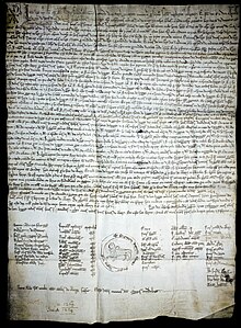 One of the oldest legal charters written in Galician, the constitutional charter of the Bo Burgo (Good Burg) of Castro Caldelas. Year 1228. ForoBoBurgo.jpg