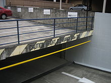 A sign at the entrance to an underground parking garage in March 2007, warning drivers of the maximum height clearance, in this case, roughly 2 meters (6.5 feet) Heightcaution.jpg
