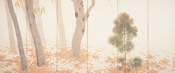 Left panel of the Fallen Leaves (落葉), 1909. Important Cultural Property.