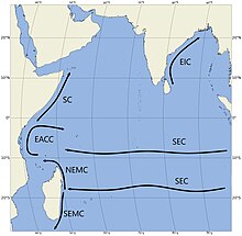Low-latitude western boundary currents in the Indian Ocean. To the north of Madagascar, the South Equatorial Current bifurcates into the North-East and South-East Madagascar Currents. The North-East Madagascar Current feeds into the East African Coastal Current. The East African Coastal Current transports water to the north and feeds the Somali Current, which is part of the monsoon system and changes direction with each monsoon.