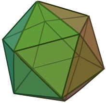 The Euler characteristic of a sphere, triangulated like an icosahedron, is V -- E + F = 12 - 30 + 20 = 2. Icosahedron.svg