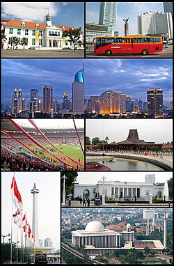 (saking baduur, kiwa ka tengen): Kota Tua Jakarta, Bundaran Hotel Indonésia, Cakrawala Jakarta, Stadion Gelora Bung Karno, Taman Mini Indonésia Indah, Monumen Nasional, Istana Merdeka, Masjid Istiqlal dan Katedral Jakarta.