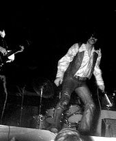 Two performers from Steppenwolf are shown in an onstage performance. From left to right are an electric guitarist (only the instrument is shown) and singer John Kay, who is swinging the microphone.