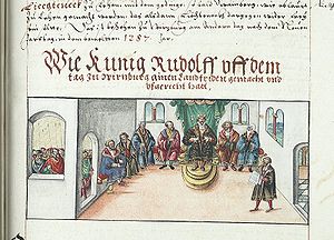 King Rudolf I (middle) at the Synod of Wurzburg (or Diet of Wurzburg). Konig Rudolf Landfrieden.jpg