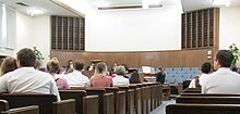 Interior view of a typical weekly Sunday sacrament meeting in Provo, Utah LDS Church services (33407609075).jpg