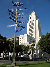 Los Angeles City Hall with twin towns fingerpost Los Angeles City Hall with sister cities 2006.jpg